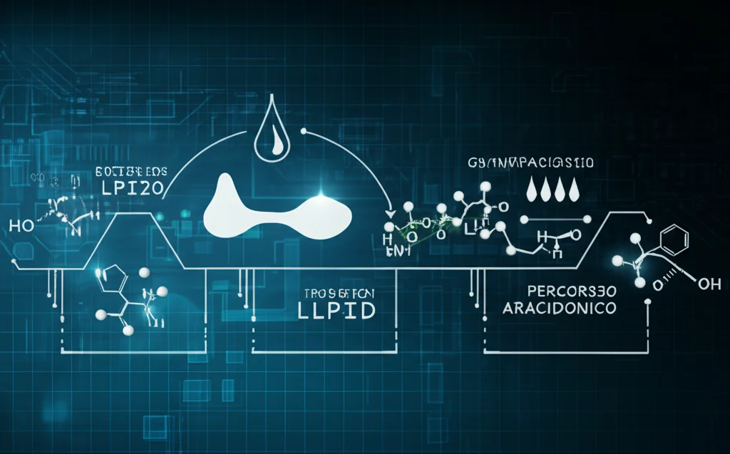 Diagramma stilizzato del percorso metabolico dell'acido arachidonico visualizzato su uno sfondo high-tech, con molecole lipidiche e proteiche evidenziate. Stile infografica scientifica, alta risoluzione, illuminazione drammatica.