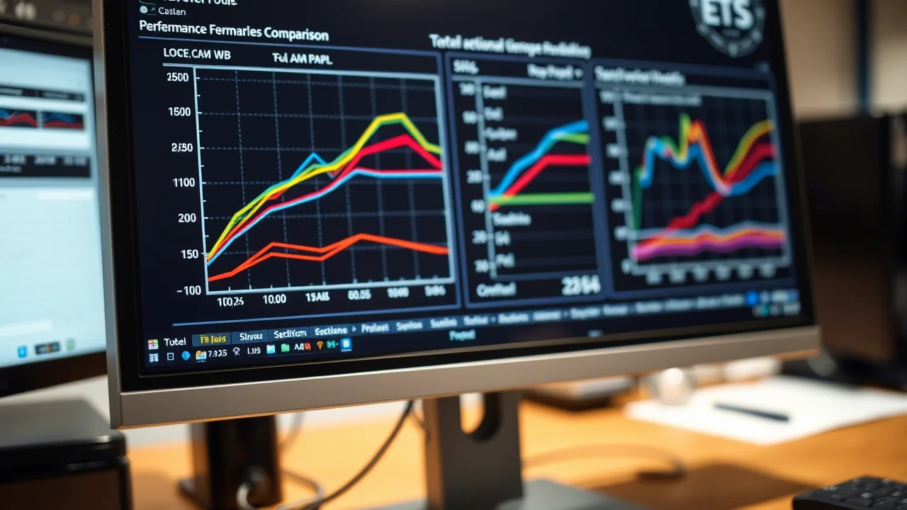 Primo piano di uno schermo di computer ad alta risoluzione che mostra complessi grafici di confronto delle prestazioni di diversi modelli statistici (linee colorate su assi cartesiani), illuminazione da ufficio soffusa e controllata, obiettivo 50mm prime, leggera profondità di campo che sfoca lo sfondo della scrivania.