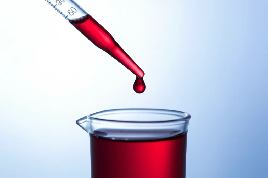 Fotografia macro, obiettivo 100mm, di un estratto liquido rosso intenso di antocianine di crespino purificate in un becher di vetro da laboratorio, con gocce che cadono da una pipetta. Illuminazione controllata da studio che evidenzia la limpidezza e il colore vibrante del liquido, alta definizione, messa a fuoco precisa sulle gocce.