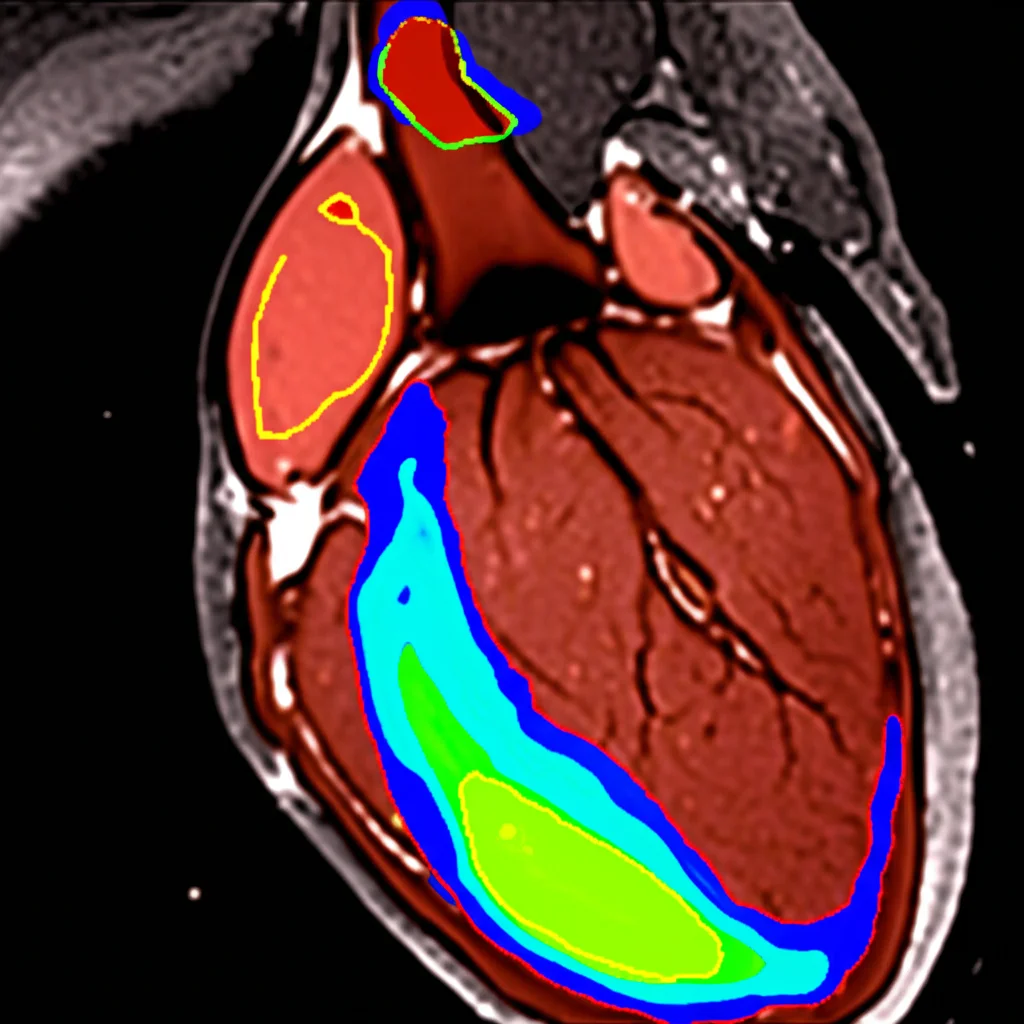 Immagine medica stilizzata che mostra una sezione trasversale del cuore da una risonanza magnetica, con le diverse regioni (ventricolo sinistro, miocardio sano, infarto, ostruzione microvascolare) delineate da colori vivaci e distinti, simulando l'output di un algoritmo di segmentazione AI. Obiettivo prime 35mm, profondità di campo ridotta per focalizzare sulle aree segmentate.