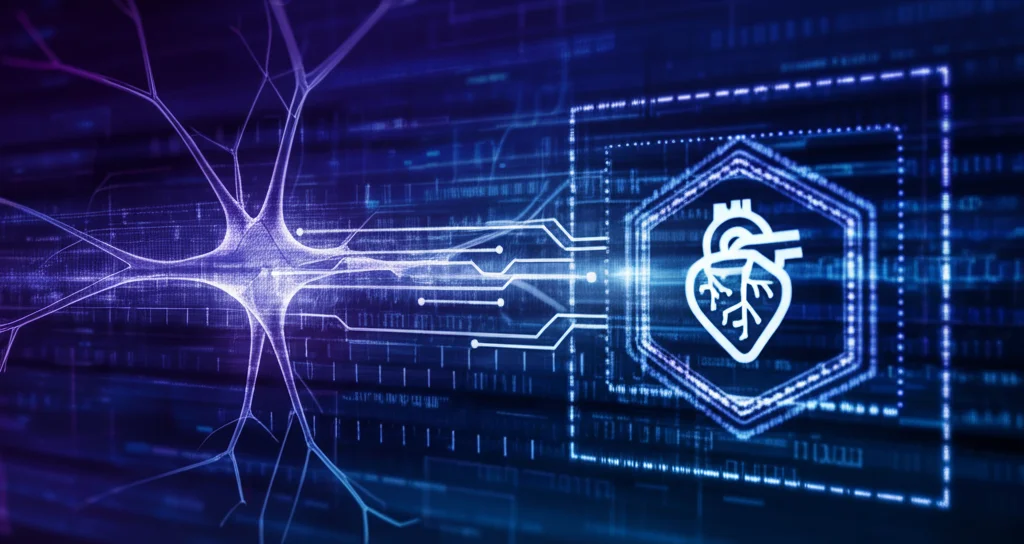 Visualizzazione astratta di una rete neurale ibrida, combinando elementi grafici che rappresentano layer convoluzionali (CNN) e blocchi transformer (ViT), con flussi di dati digitali che convergono verso un'icona stilizzata del cuore. Illuminazione high-tech, colori blu e viola duotone, obiettivo 50mm.