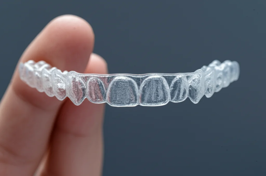 Primo piano macro di un allineatore trasparente tenuto tra due dita, messa a fuoco precisa sui dettagli del materiale plastico, illuminazione controllata in studio, obiettivo macro 90mm.