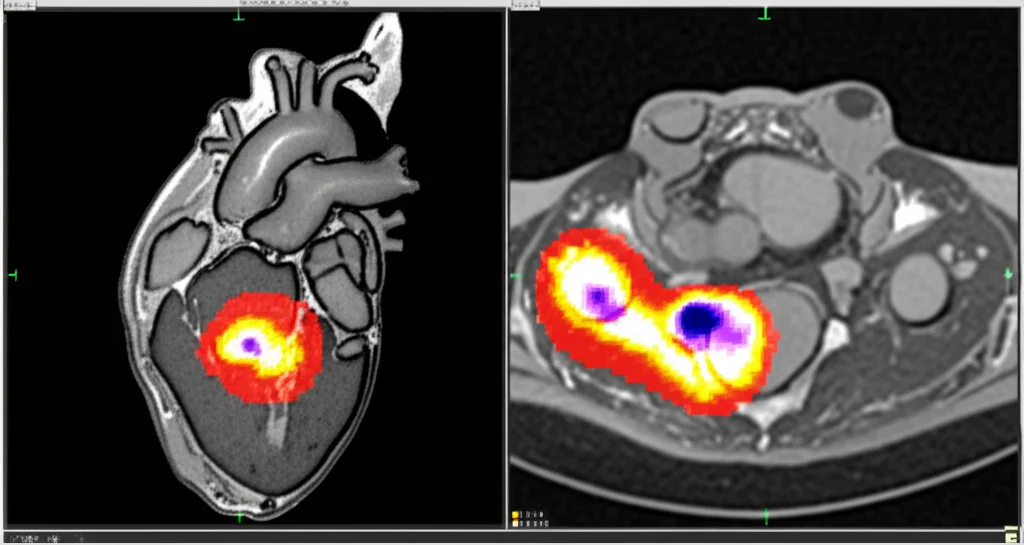Schermata di un software medico avanzato che mostra un'immagine di risonanza magnetica cardiaca affiancata da una heatmap Grad-CAM. La heatmap sovrappone colori caldi (rosso, giallo) sulle aree dell'immagine MRI che l'IA ha identificato come cruciali per la diagnosi di infarto. Interfaccia utente pulita, alta definizione, obiettivo 85mm, focus preciso sulla heatmap.