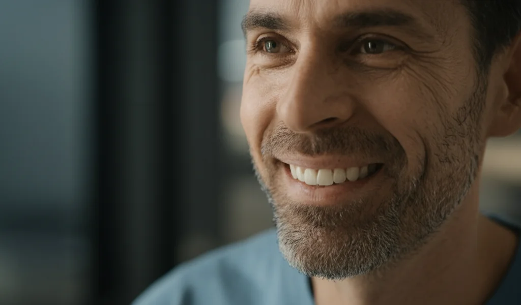 Ritratto di un paziente adulto sorridente che mostra un allineatore trasparente sui denti superiori, messa a fuoco morbida sullo sfondo, luce naturale da finestra, obiettivo 35mm, profondità di campo.