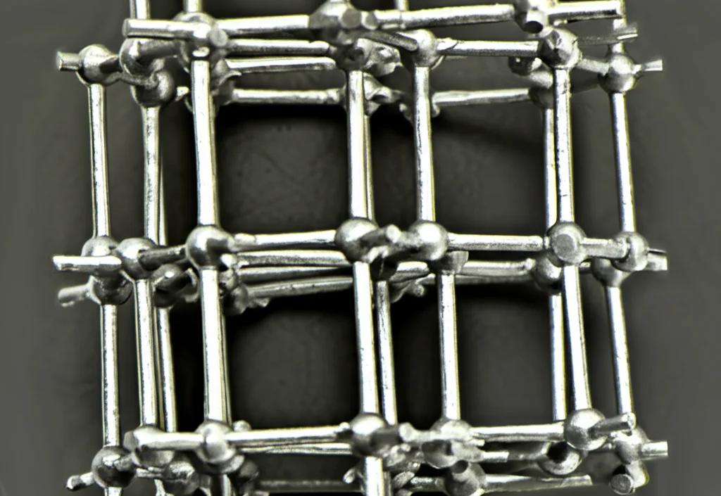 Fotografia macro, obiettivo 90mm, di un modello 3D dettagliato che mostra la cella unitaria di una struttura reticolare complessa, isolata dal resto della struttura. Illuminazione controllata per evidenziare la precisione geometrica e la texture metallica delle aste.