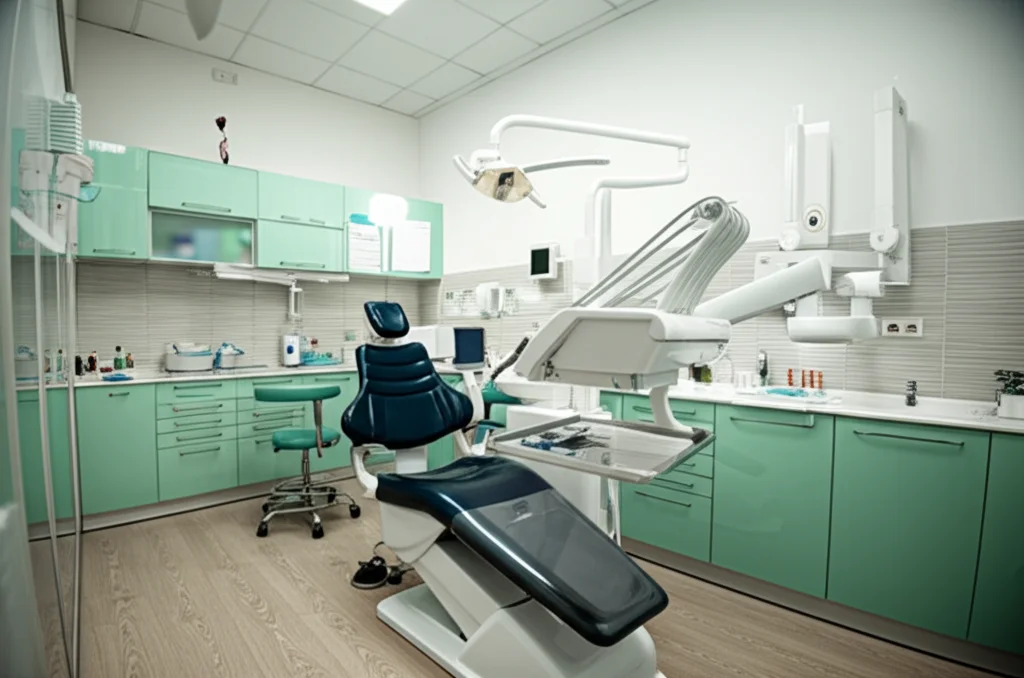 Vista grandangolare di uno studio dentistico moderno e luminoso, poltrona odontoiatrica al centro, attrezzature high-tech visibili, luce ambientale morbida, obiettivo grandangolare 20mm, messa a fuoco nitida.