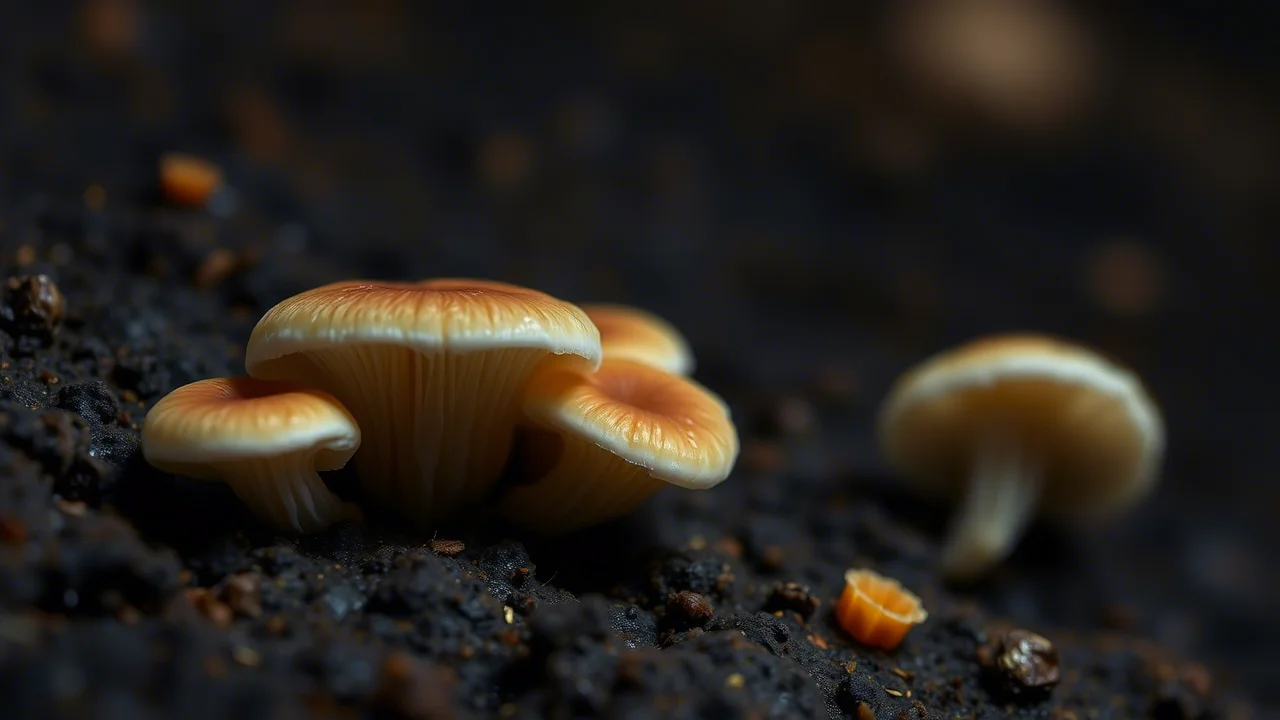 Macro fotografia di funghi Hericium erinaceus che crescono su un substrato scuro arricchito con sansa di oliva, lente macro 90mm, alta definizione, illuminazione controllata in laboratorio, messa a fuoco precisa sulle delicate spine bianche del fungo.