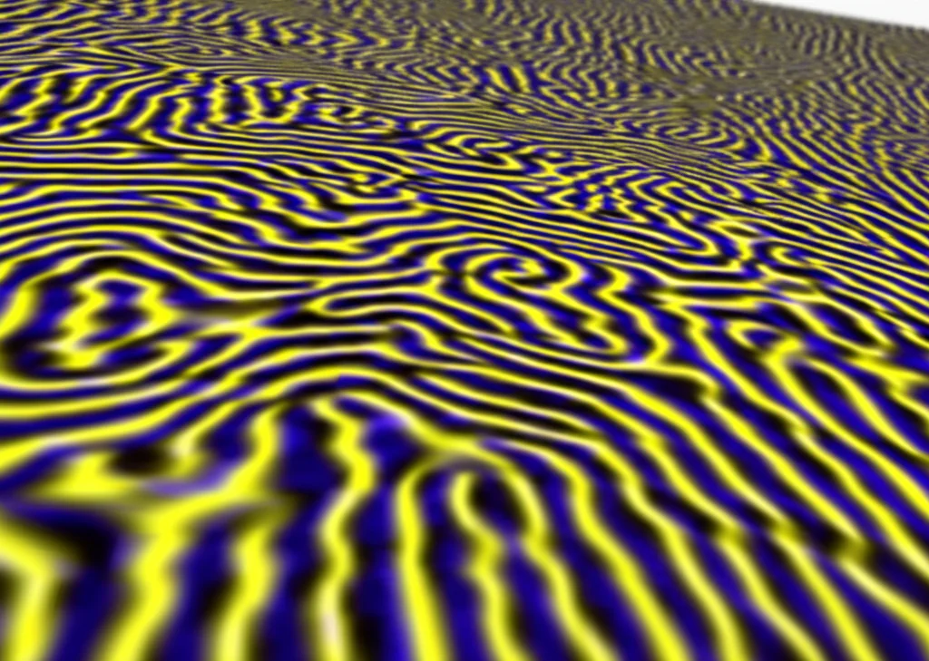 Visualizzazione astratta della propagazione di onde elastiche attraverso una struttura reticolare periodica. Vista grandangolare (20mm) che mostra bande di frequenza distinte. Una banda è chiaramente bloccata (bandgap), indicata da un'assenza di onde o un cambiamento di colore. Messa a fuoco nitida sui pattern ondulatori.