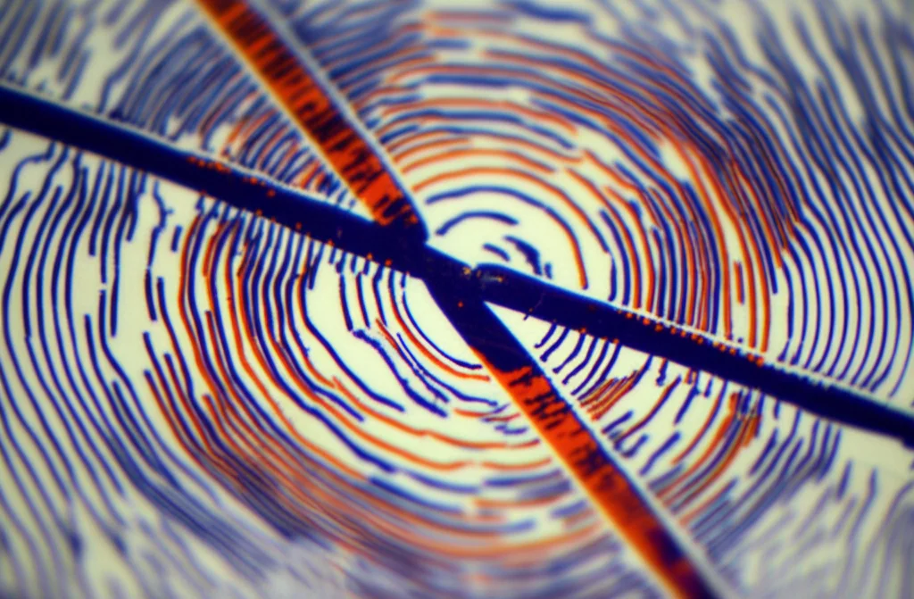 Primo piano, obiettivo macro 100mm, su una sezione di una struttura reticolare simulata che mostra un difetto evidente (un'asta significativamente più sottile). Sovrapposti ci sono pattern ondulatori che indicano una trasmissione anomala intorno al difetto. Alto dettaglio, messa a fuoco precisa sul difetto e sulle onde.