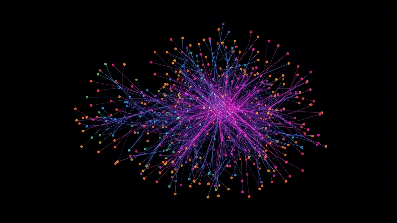 Visualizzazione astratta di una rete molecolare complessa generata da dati di metabolomica, con nodi colorati collegati da linee su sfondo scuro, rappresentante l'analisi computazionale dei metaboliti dei funghi, stile infografica scientifica high-tech.