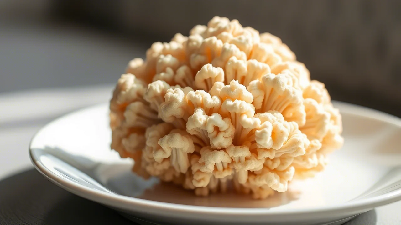 Primo piano di un fungo Hericium erinaceus perfettamente formato e dall'aspetto sano, su un piatto bianco minimalista, luce naturale morbida, lente prime 50mm, profondità di campo ridotta per enfatizzare la freschezza e i benefici per la salute.