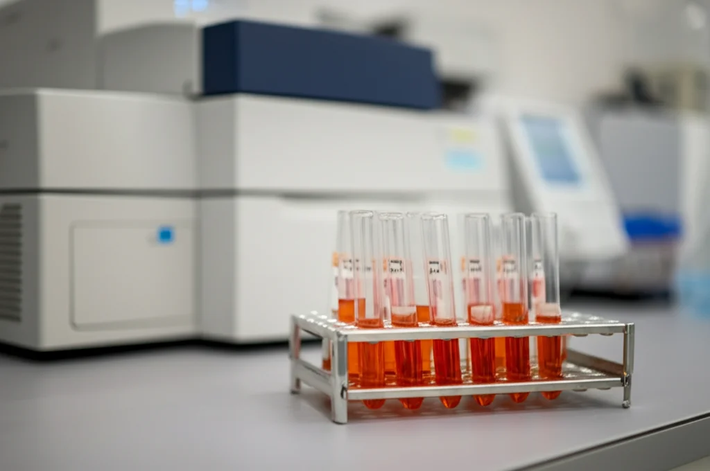 Fotografia still life fotorealistica di fiale da laboratorio contenenti campioni biologici (siero, tessuti) su un bancone, con uno spettrometro di massa LC-MS/MS visibile ma sfocato sullo sfondo. Illuminazione da laboratorio precisa, obiettivo macro 85mm, alta definizione.