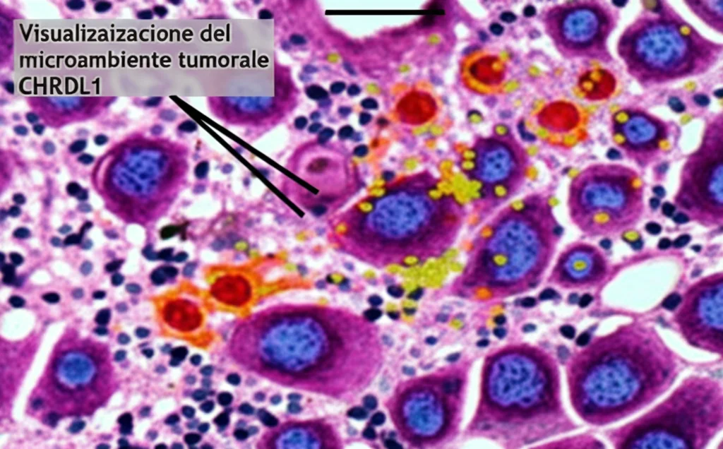 Visualizzazione del microambiente tumorale con diverse cellule immunitarie (linfociti T, macrofagi) che infiltrano il tessuto tumorale. La presenza della proteina CHRDL1 è indicata schematicamente. Telephoto zoom, 150mm, action tracking sulle cellule immunitarie, profondità di campo per evidenziare le interazioni cellulari.
