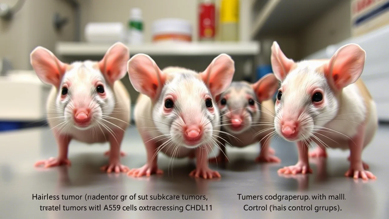 Foto di laboratorio che mostra topi nude con tumori sottocutanei visibili. Un gruppo mostra tumori più piccoli (trattati con cellule A549 overesprimenti CHRDL1) rispetto al gruppo di controllo. Prime lens, 50mm, focus sui tumori, illuminazione controllata da laboratorio, confronto visivo chiaro.