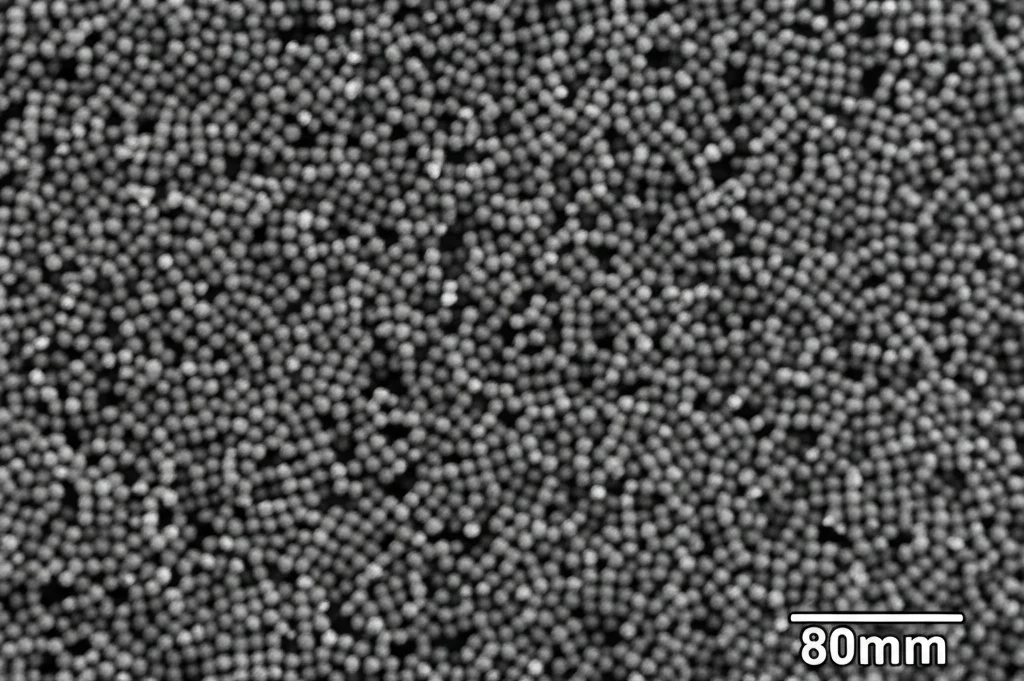 Macro shot, 80mm lens, della superficie di una membrana a matrice mista PMP/ZIF-8. Si vedono chiaramente le nanoparticelle cristalline di ZIF-8 (punti luminosi) disperse uniformemente nella matrice polimerica amorfa del PMP (sfondo scuro). High detail, precise focusing, controlled lighting.