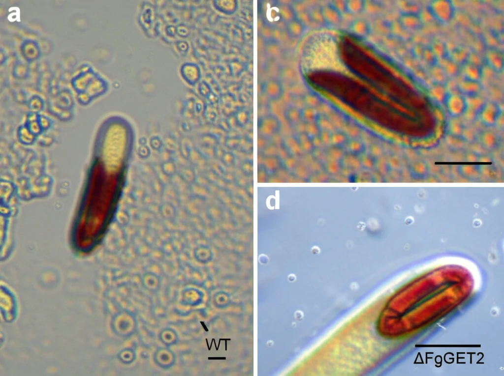 Macro fotografia di conidi di Fusarium graminearum mutante (ΔFgGET2) accanto a conidi normali (WT) su un vetrino da microscopio. I conidi mutanti appaiono più corti e con meno setti. Obiettivo macro 60mm, alta definizione, illuminazione laterale per evidenziare la forma tridimensionale.