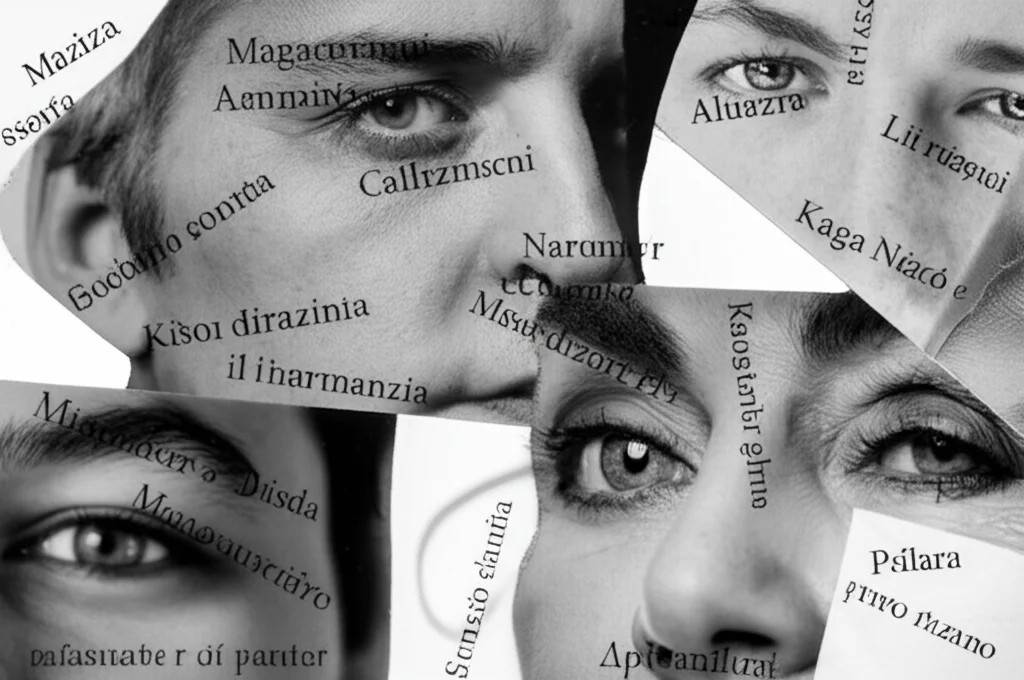 Primo piano di diversi volti in bianco e nero, parzialmente sovrapposti, con nomi italiani comuni scritti in modo sottile sopra di essi. Immagine concettuale per la memoria associativa viso-nome, scattata con obiettivo macro 85mm, alta definizione, illuminazione controllata.