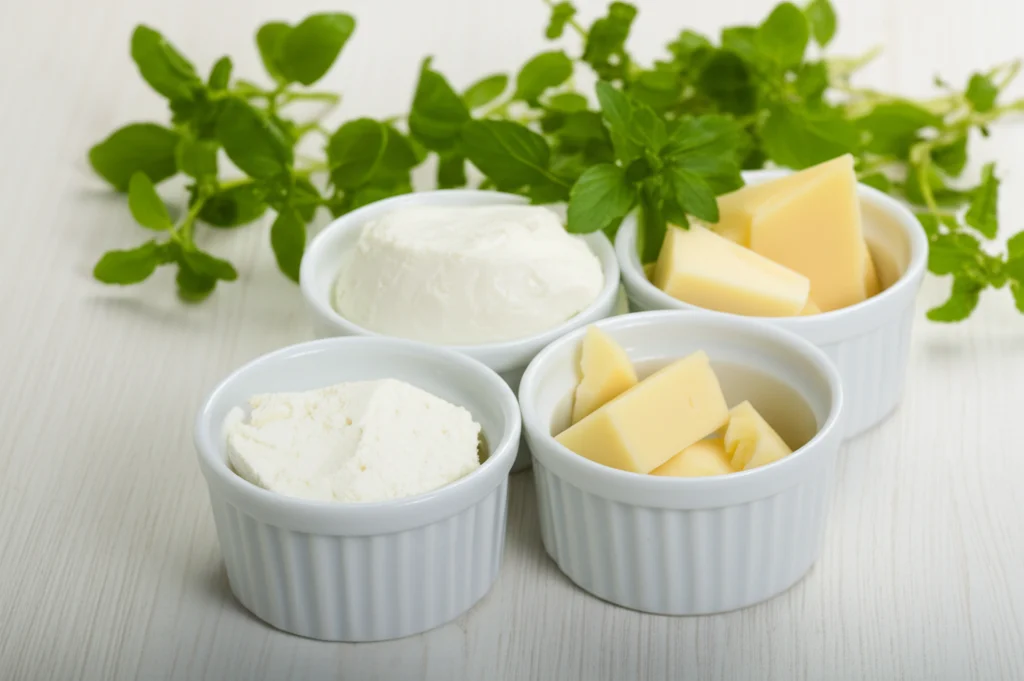 Fotografia still life di tre piccole ciotole bianche contenenti campioni di formaggio morbido: uno bianco (controllo), uno leggermente giallognolo (con aglio incapsulato), uno simile al controllo (con aglio libero). Sullo sfondo, erbe aromatiche fresche. Obiettivo macro 60mm, illuminazione morbida e naturale, alto dettaglio sulla cremosità dei formaggi.