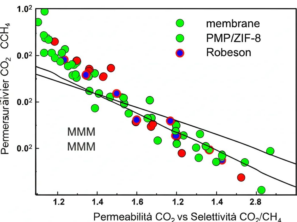 Grafico scientifico che confronta le prestazioni di separazione CO2/CH4 delle membrane PMP/ZIF-8 (punti colorati a diverse pressioni) con il limite superiore di Robeson (linea nera). I punti delle MMM si posizionano sopra la linea, indicando prestazioni eccellenti. Stile grafico pulito, assi etichettati (Permeabilità CO2 vs Selettività CO2/CH4).