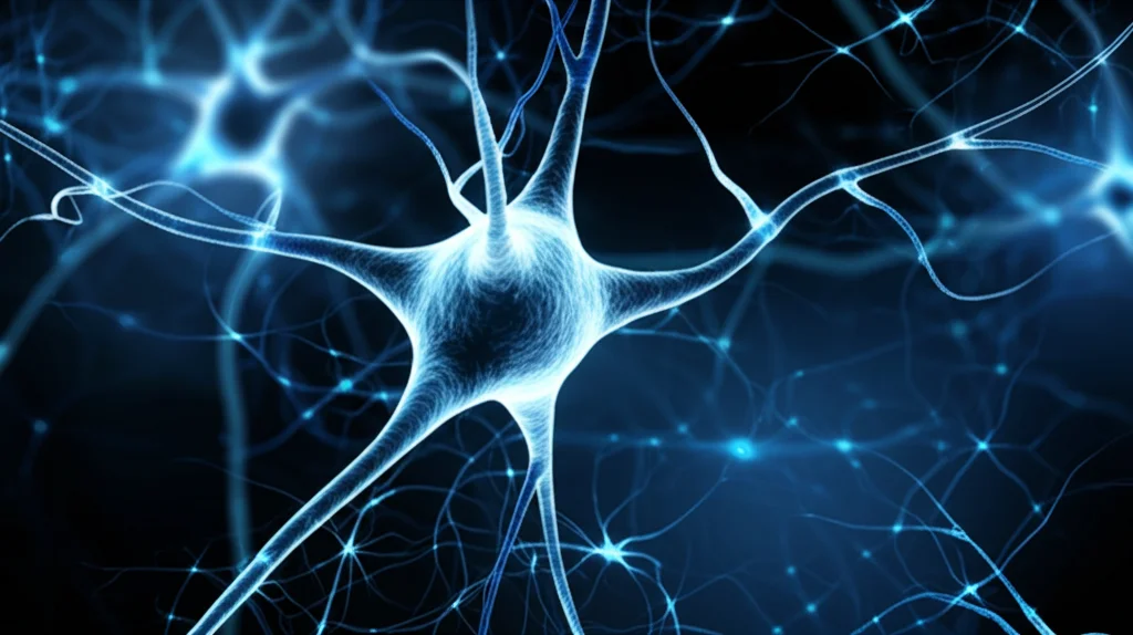 Immagine concettuale astratta che rappresenta l'attività cerebrale legata alla memoria. Sinapsi luminose o reti neurali in tonalità fredde (blu e ciano), scattata con obiettivo macro 100mm, messa a fuoco precisa, evocando la neuroscienza.