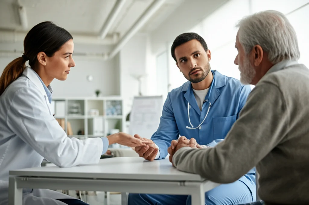 Scena in un ambiente clinico luminoso e accogliente. Un neuropsicologo interagisce con un paziente anziano seduto a un tavolo, durante una valutazione cognitiva. L'atmosfera è calma e compassionevole. Scatto con obiettivo prime 50mm, profondità di campo ridotta per focalizzare sull'interazione, luce naturale morbida.