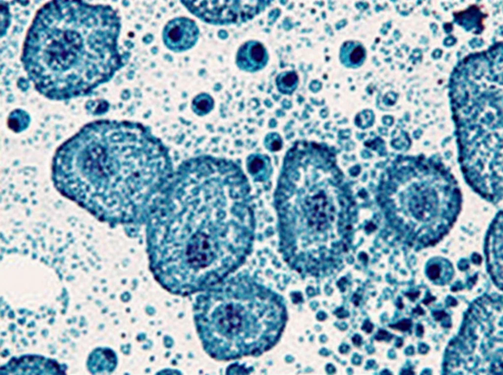 Immagine al microscopio di cellule di carcinoma polmonare non a piccole cellule (NSCLC) in coltura. Obiettivo macro 100mm, alta definizione, illuminazione controllata da laboratorio, focus preciso sulle colonie cellulari in crescita, alcune cellule mostrano segni di divisione.