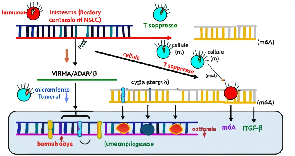 Diagramma schematico che illustra l'asse regolatorio VIRMA/ADAR/TGF-β nel contesto di una cellula di NSCLC. Frecce indicano le attivazioni e le modifiche (m6A). Sfondo stilizzato del microambiente tumorale con cellule immunitarie T soppresse. Obiettivo prime 50mm, grafica chiara e colorata, focus sull'interazione tra le molecole chiave.