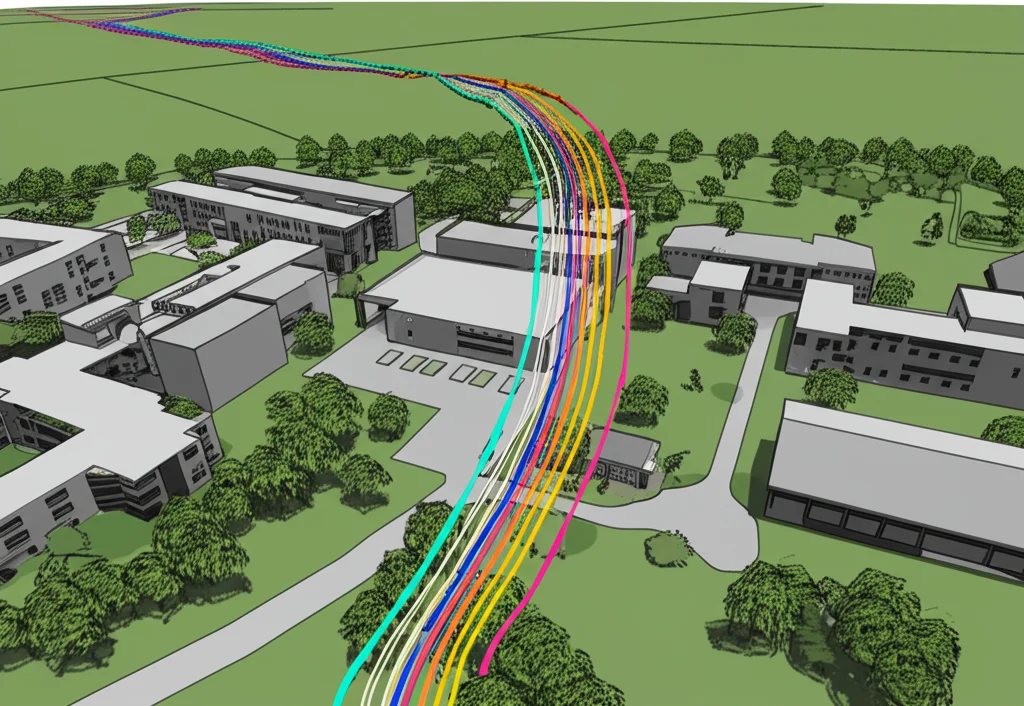 Visualizzazione 3D del campus universitario utilizzata per la simulazione CFD, con edifici e alberi di pino modellati. Linee colorate rappresentano le traiettorie simulate del polline trasportato dal vento. Macro lens 100mm, high detail, precise focusing.