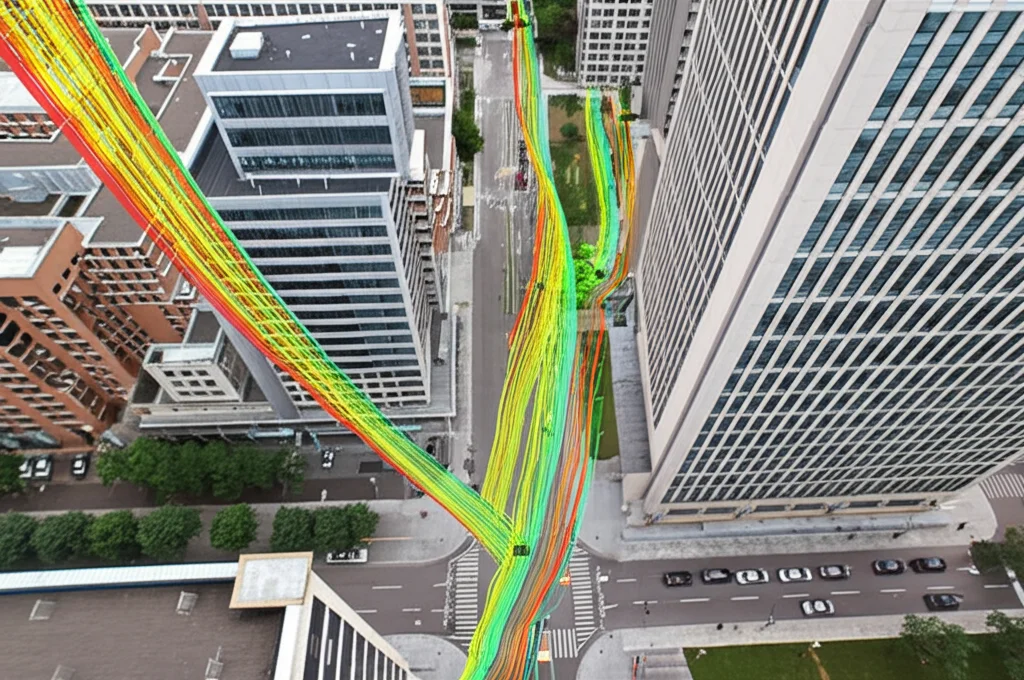 Simulazione CFD che mostra le traiettorie delle particelle di polline (linee colorate) che si muovono tra gli edifici del campus. Evidenziato l'effetto canyon stradale che concentra le particelle verso il basso. Wide-angle 10-24mm, sharp focus, urban environment simulation.
