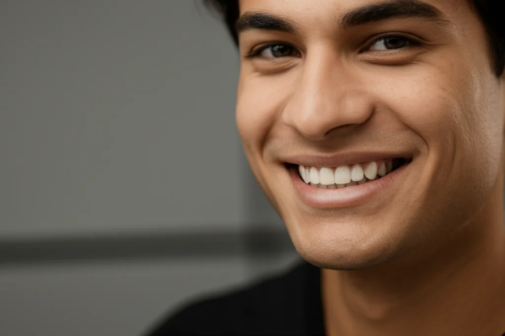 Ritratto di un giovane adulto sorridente che mostra un allineamento dentale ideale dopo un trattamento ortodontico-chirurgico combinato. Luce da studio morbida, sfondo neutro sfocato, focus sul sorriso. Obiettivo prime 85mm, profondità di campo.