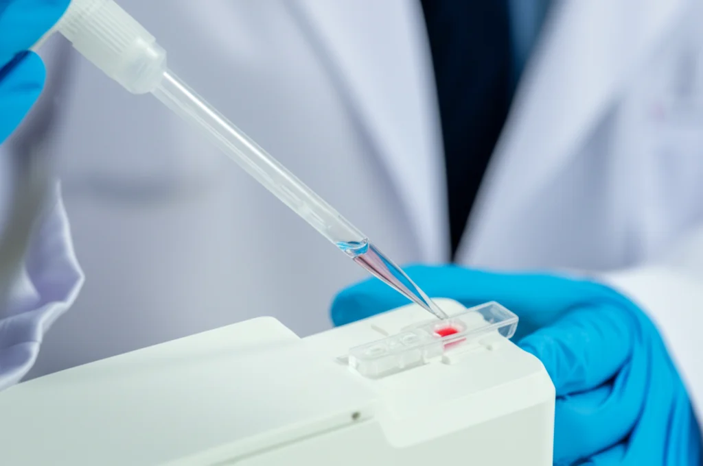 Primo piano di un operatore sanitario che utilizza il contagocce quantitativo iPonatic per caricare un campione biologico (es. tampone nasale) in una cartuccia diagnostica monouso inserita nel dispositivo iPonatic. L'ambiente è un laboratorio pulito o uno studio medico. Luce controllata e brillante, obiettivo macro 60mm per evidenziare l'alta definizione dei dettagli sulla cartuccia trasparente, sul liquido del campione e sulla punta del contagocce. Messa a fuoco precisa sull'interazione tra contagocce e cartuccia.