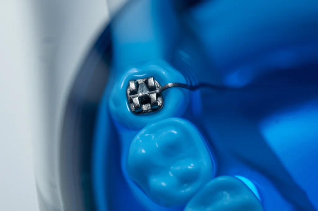 Primo piano macro di un attacco ortodontico in acciaio inossidabile immerso parzialmente in un liquido blu trasparente (collutorio) dentro un becher di vetro da laboratorio. Luce controllata, messa a fuoco precisa sull'attacco, dettagli elevati sulla superficie metallica. Obiettivo macro 100mm.