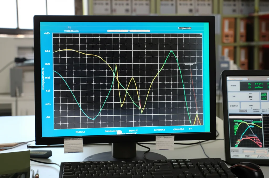 Diagramma di Bode complesso visualizzato su uno schermo di computer in un laboratorio di controllo, con curve di magnitudine e fase che mostrano margini di stabilità, luce ambientale da ufficio tecnico, obiettivo prime 50mm.