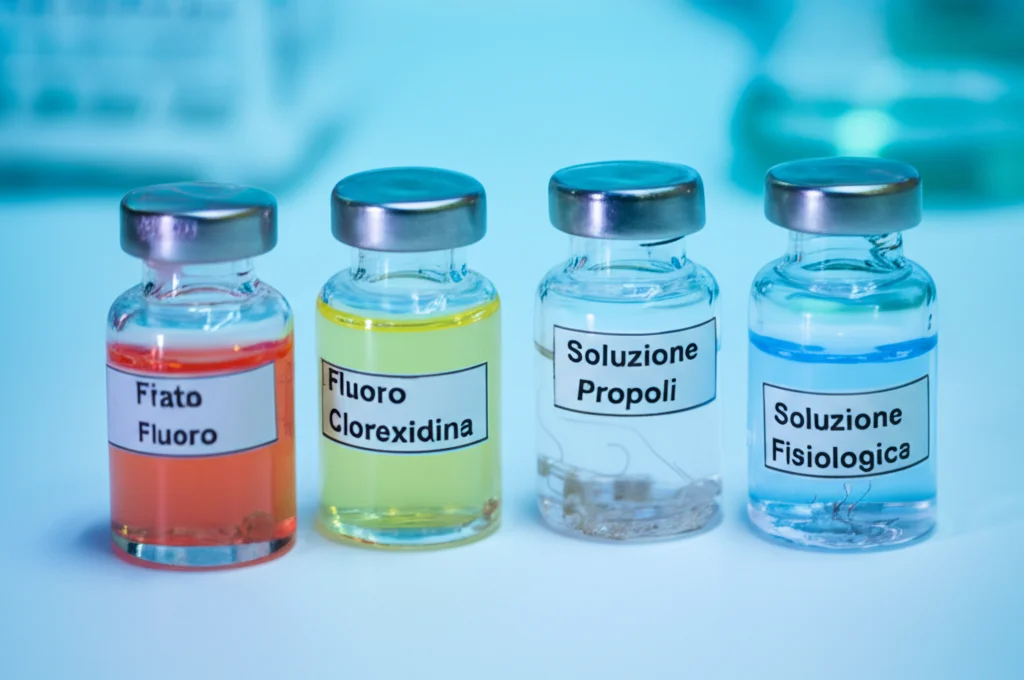 Fotografia still life di quattro piccoli contenitori di vetro etichettati (Fluoro, Clorexidina, Propoli, Soluzione Fisiologica) affiancati su un bancone da laboratorio pulito. All'interno di ciascuno, alcuni attacchi ortodontici immersi nel rispettivo liquido. Illuminazione da studio controllata, obiettivo macro 60mm, alta definizione dei dettagli.