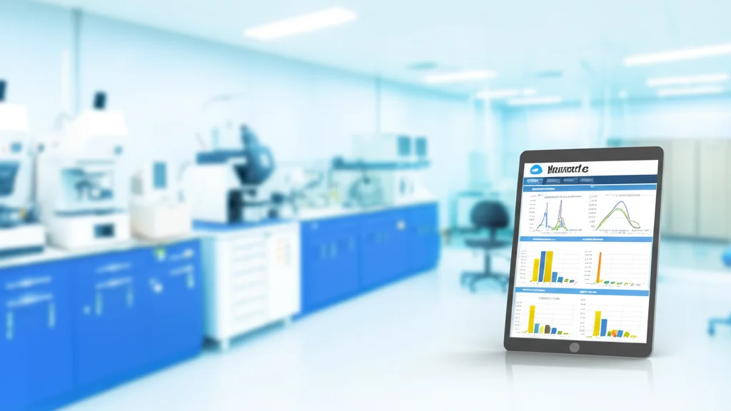 Schermata di un tablet o di un monitor di computer che mostra la dashboard della piattaforma cloud Biometa collegata al sistema iPonatic. Si vedono grafici con i risultati dei test in tempo reale (curve di amplificazione PCR), lo stato online del dispositivo iPonatic e una mappa stilizzata che indica la geolocalizzazione dei test. Ambiente di laboratorio moderno e luminoso sullo sfondo, con una leggera profondità di campo per mantenere il focus sulla schermata. Obiettivo 35mm.
