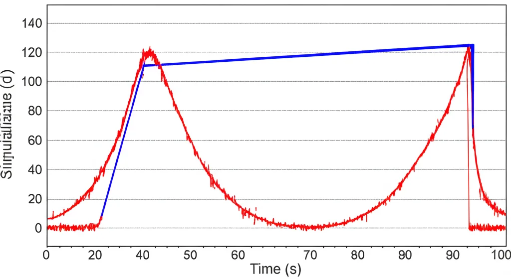 Grafico di simulazione su schermo che mostra la traiettoria del carrello di una gru (linea blu) e l'angolo di oscillazione del carico (linea rossa) nel tempo, evidenziando una rapida convergenza e minime oscillazioni nonostante disturbi simulati (picchi nel grafico), visualizzazione dati scientifici.