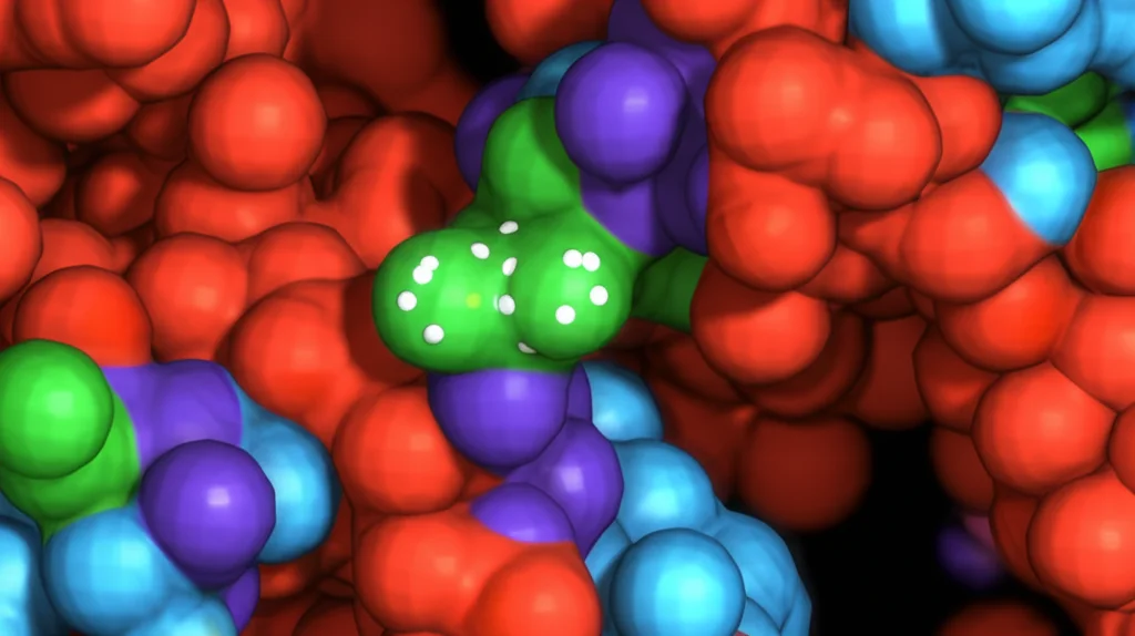 Scatto macro ravvicinato, lente da 60 mm, di gruppi metilici luminosi rappresentati come piccole sfere su un modello complesso di struttura proteica all'interno di un ambiente di tubo NMR simulato, alti dettagli, messa a fuoco precisa, illuminazione scientifica controllata che enfatizza i metilici etichettati.