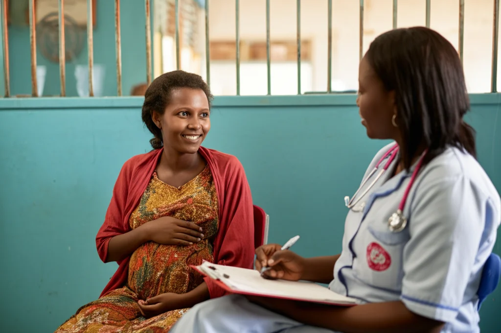 Fotografia di ritratto, donna etiope incinta sorridente parla con un'operatrice sanitaria in una clinica luminosa e pulita, obiettivo 35mm, profondità di campo che sfoca leggermente lo sfondo, toni caldi e accoglienti che trasmettono fiducia e cura.
