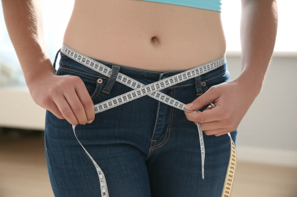 Fotografia di una persona che si misura la circonferenza vita con un metro da sarto. Scatto a mezzobusto, luce naturale laterale, profondità di campo ridotta per sfocare lo sfondo. Obiettivo prime 50mm.