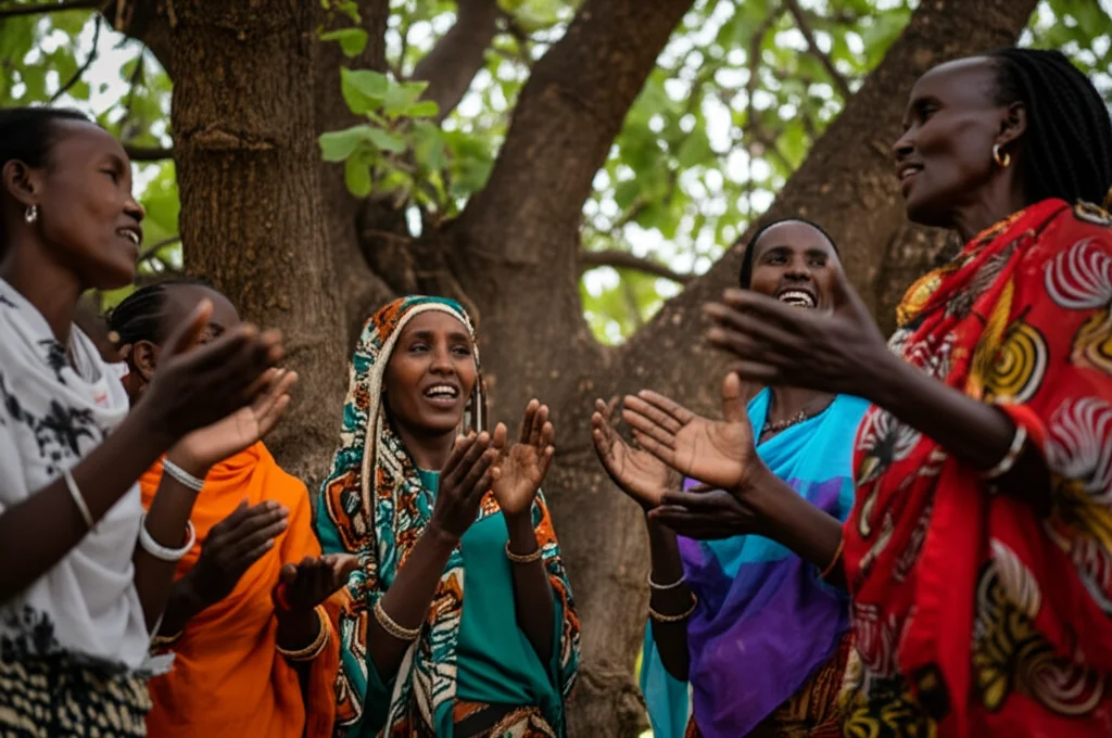 Fotografia di gruppo dinamica, donne etiopi diverse per età partecipano attivamente a un workshop comunitario all'aperto sotto un grande albero, focus sui volti espressivi e sulle mani gesticolanti, obiettivo zoom 50mm, luce naturale pomeridiana filtrata dalle foglie, colori della terra e tessuti vivaci.