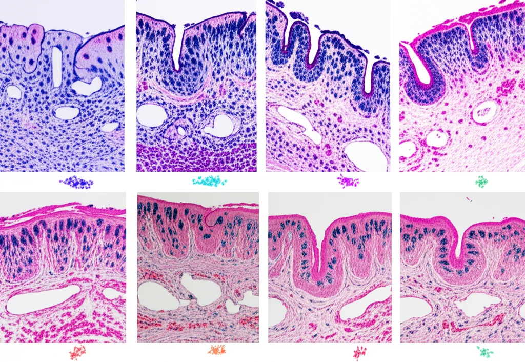 Immagine concettuale astratta, obiettivo macro 100mm, che mostra la variazione dei livelli della proteina TRIM56 (rappresentata da particelle luminose di diverso colore e intensità) in diversi tipi di tessuti tumorali stilizzati, alta definizione, illuminazione controllata per evidenziare le differenze.
