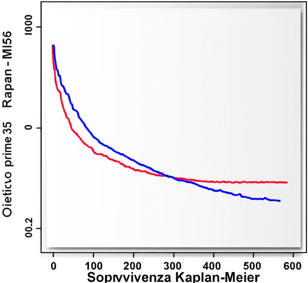 Grafico stilizzato di sopravvivenza Kaplan-Meier, obiettivo prime 35mm, con due curve divergenti (una rossa e una blu) su uno sfondo scuro, rappresentanti l'impatto opposto di alti livelli di TRIM56 sulla prognosi in diversi tipi di cancro, profondità di campo per focalizzare sulle curve.