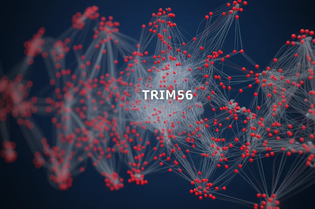 Visualizzazione 3D di una rete di interazione proteica (PPI) complessa, obiettivo grandangolare 24mm, con nodi luminosi rappresentanti proteine (TRIM56 al centro) e linee che indicano interazioni, sfondo scuro, focus nitido sulla rete, stile futuristico.