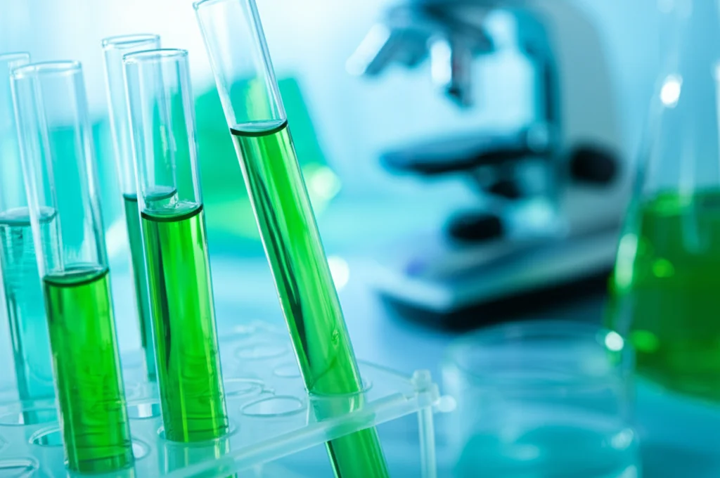 Immagine di laboratorio con provette contenenti un liquido verde (simbolo della clorofillina) e sullo sfondo attrezzature scientifiche sfocate. Macro lens, 80mm, high detail, controlled lighting, focus sulla provetta centrale.