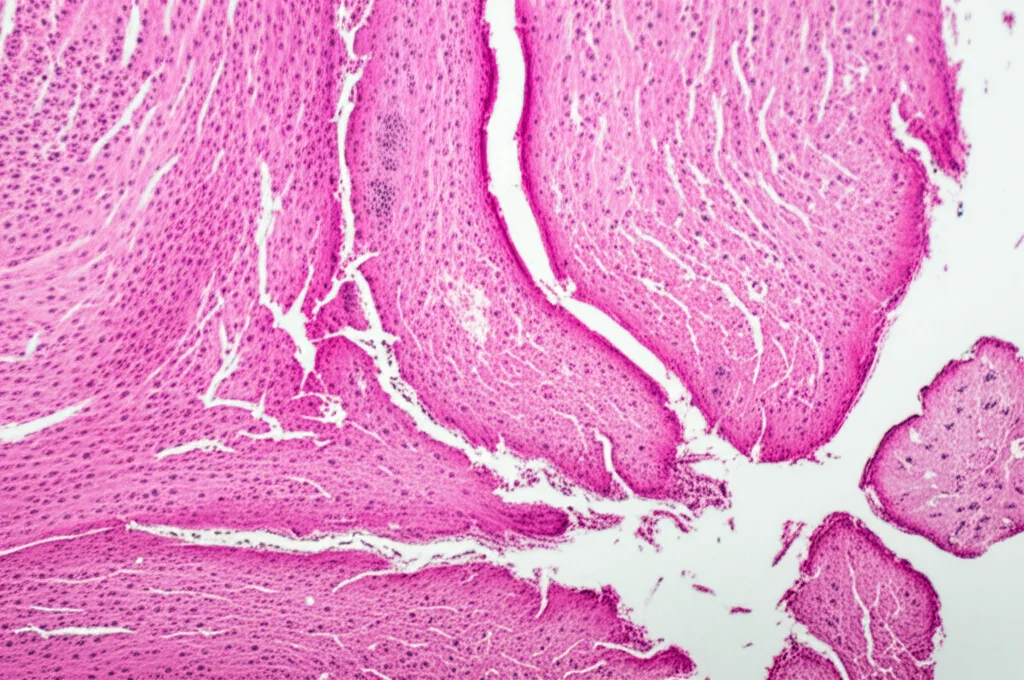 Immagine macro ad alta definizione di tessuto fibromatoso muscoloscheletrico, lente macro 100mm, illuminazione laterale controllata per evidenziare la struttura densa e infiltrante delle fibre di collagene.