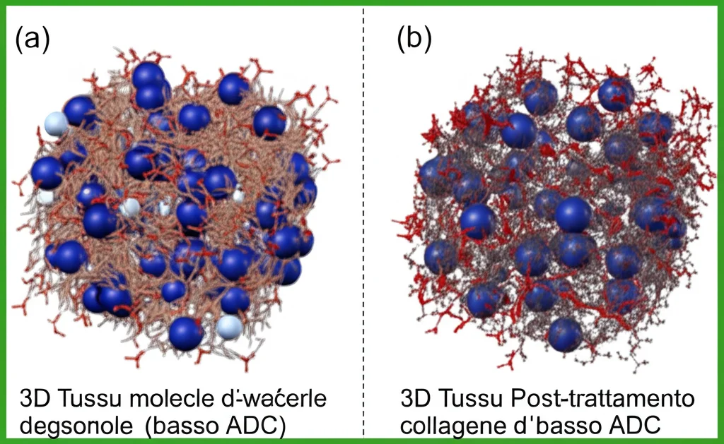 Visualizzazione 3D scientifica che confronta la diffusione delle molecole d'acqua (sfere blu) in un tessuto tumorale cellulare (struttura densa, movimento limitato, basso ADC) e in un tessuto post-trattamento con fibrosi/collagene (struttura ancora più densa, movimento molto ristretto, ADC ancora più basso).