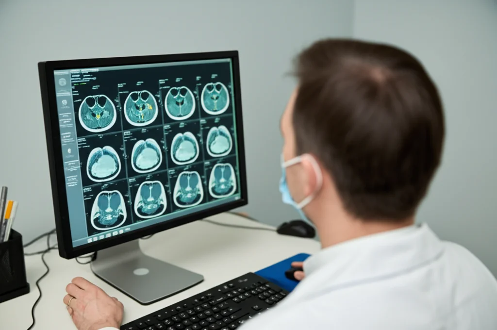 Fotografia di un radiologo esperto che analizza attentamente diverse sequenze di Risonanza Magnetica (T2, post-contrasto, mappa ADC) di una lesione fibromatosa su un monitor ad alta risoluzione in una sala di refertazione, prime lens 35mm, depth of field.