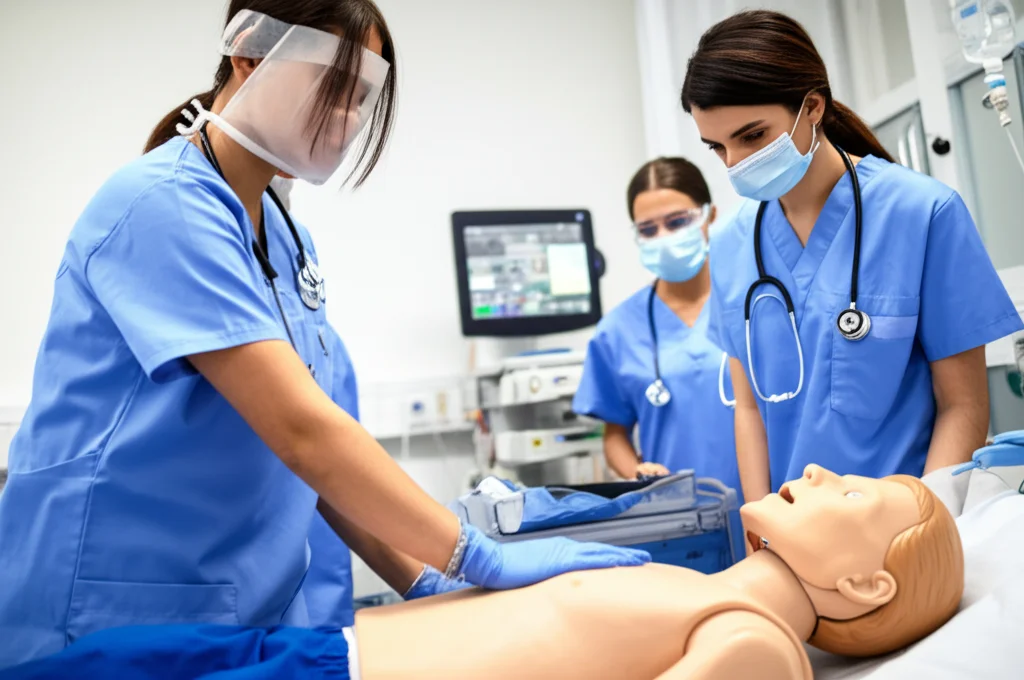 Fotografia realistica di studenti di infermieristica che interagiscono con un manichino simulatore avanzato in un ambiente ospedaliero simulato. Obiettivo prime 35mm, profondità di campo, illuminazione controllata per enfatizzare il realismo della scena formativa.
