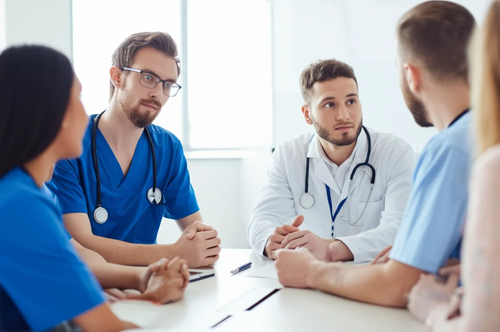 Foto di un piccolo gruppo di studenti di infermieristica e un istruttore durante una sessione di debriefing post-simulazione, seduti attorno a un tavolo in una sala riunioni moderna, espressioni concentrate ma positive. Obiettivo zoom 24-70mm, luce naturale da finestra, atmosfera collaborativa e di apprendimento.