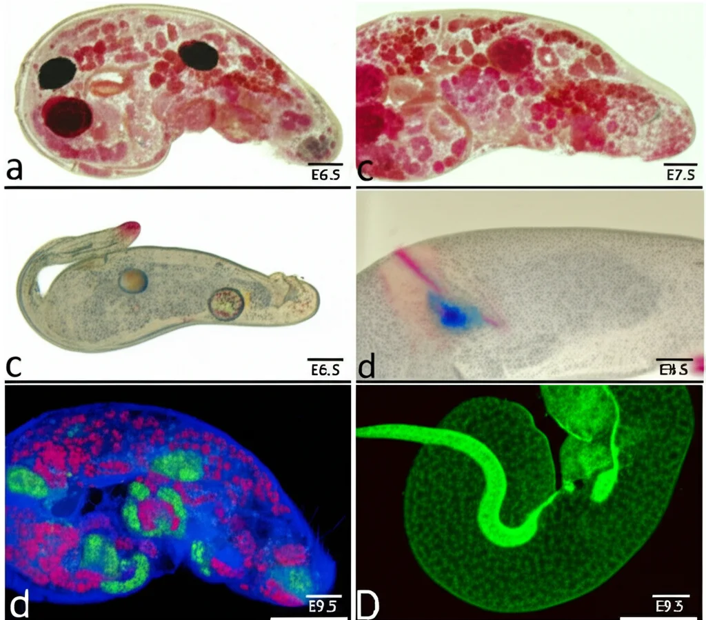 Immagine microscopica di embrioni di topo a diversi stadi di sviluppo (E6.5, E7.5, E9.5). Alcuni embrioni mostrano ritardi di crescita e sviluppo anomalo, evidenziati con colorazione istologica. Macro lens, 70mm, high detail, precise focusing, controlled lighting, confronto tra embrioni normali e mutanti.